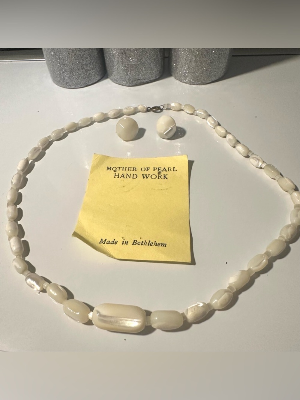 Handmade Mother of Pearl Bead Necklace Earrings Set Cream Made in Bethlehem